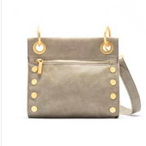Hammitt Tony pewter taupe suede gold tone studded mini crossbody purse